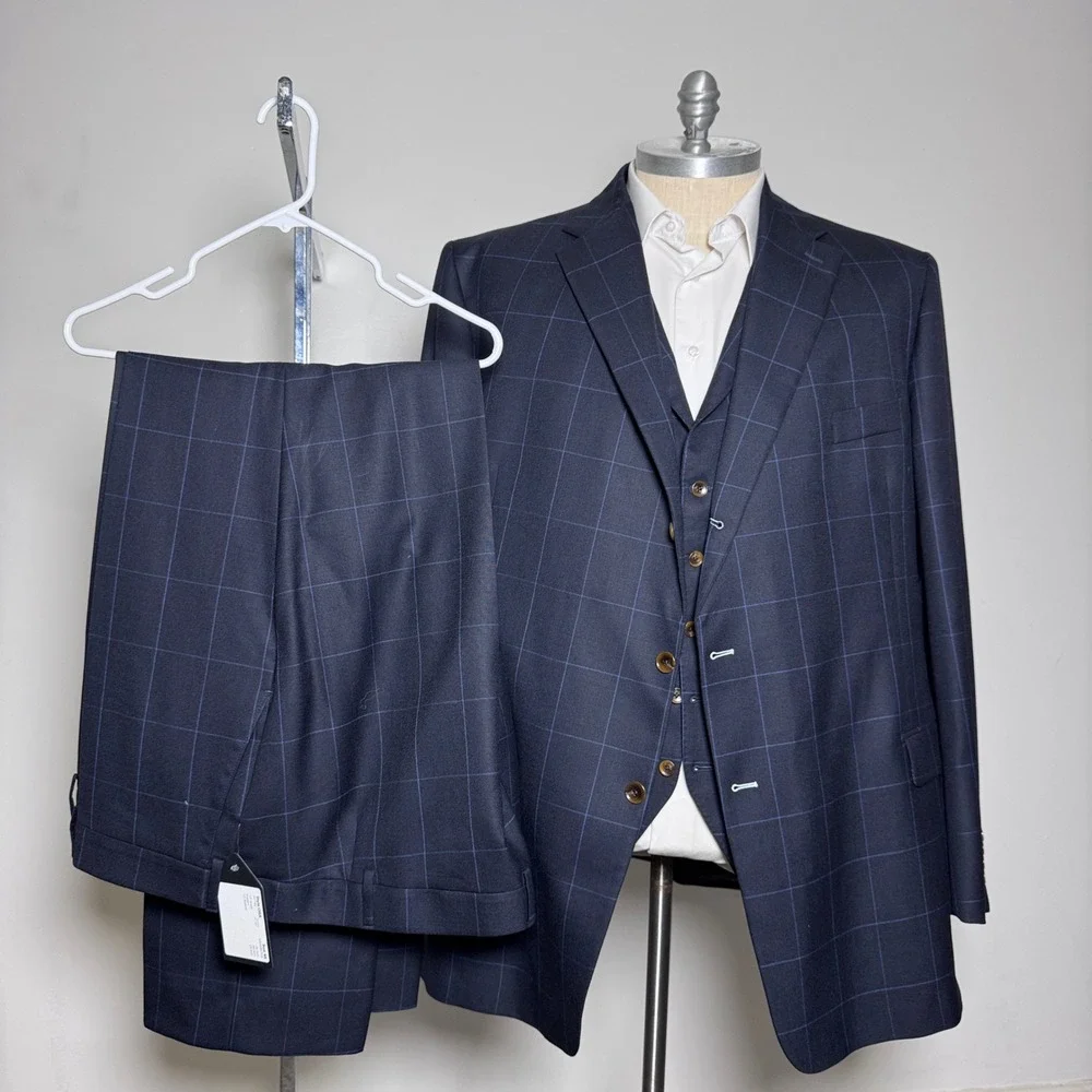 Custom Tailored 3-Piece Suit Mens 54L 50x34 Blue Windowpane Worsted Wool England